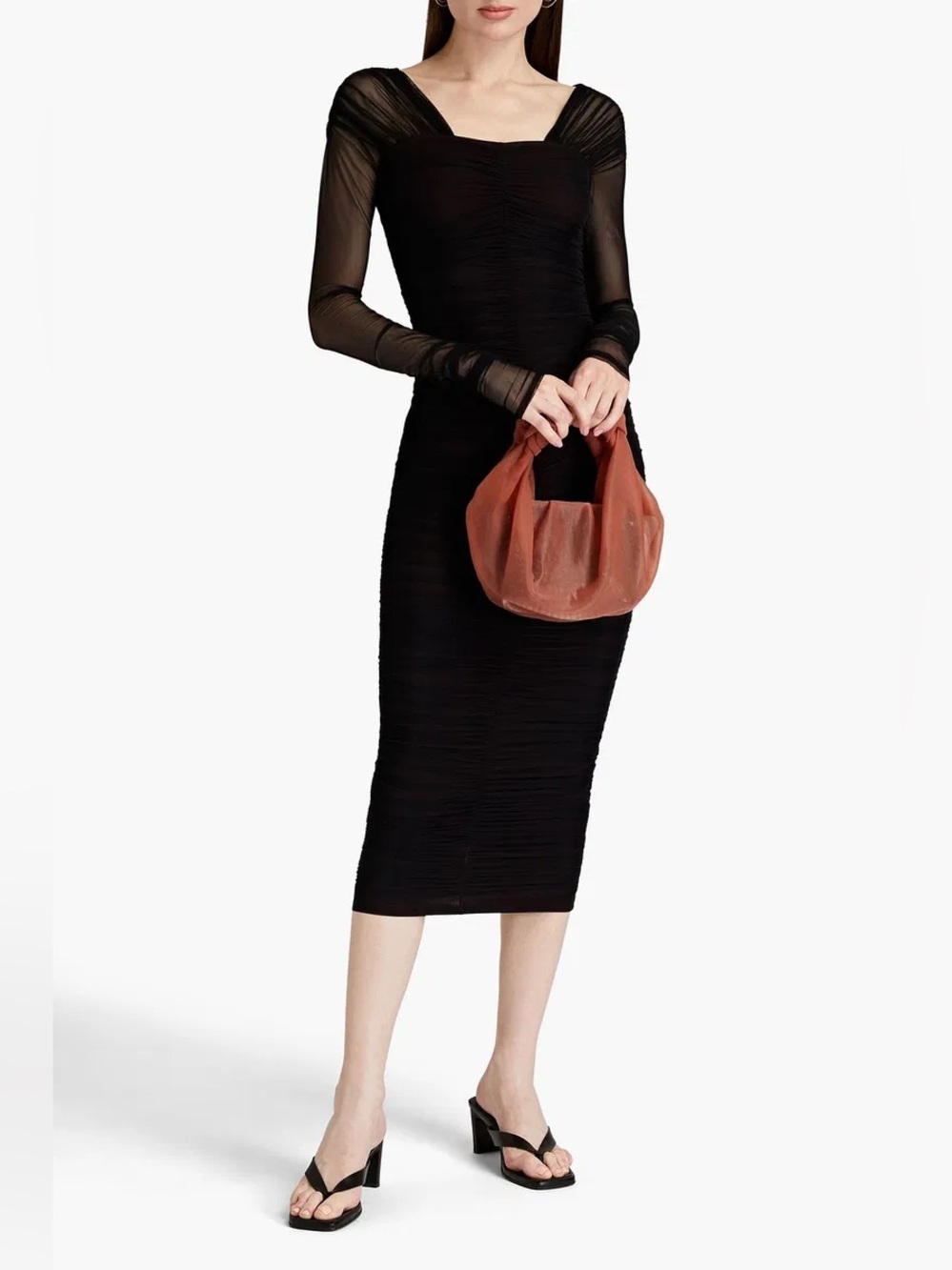 A.L.C. Revolve Jackie ruched stretch tulle long sleeve midi dress black M